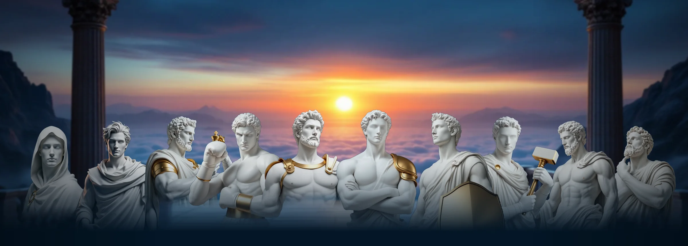 The ten hero archetypes as white marble and gold statues, standing side by side on a terrace above the clouds at sunset