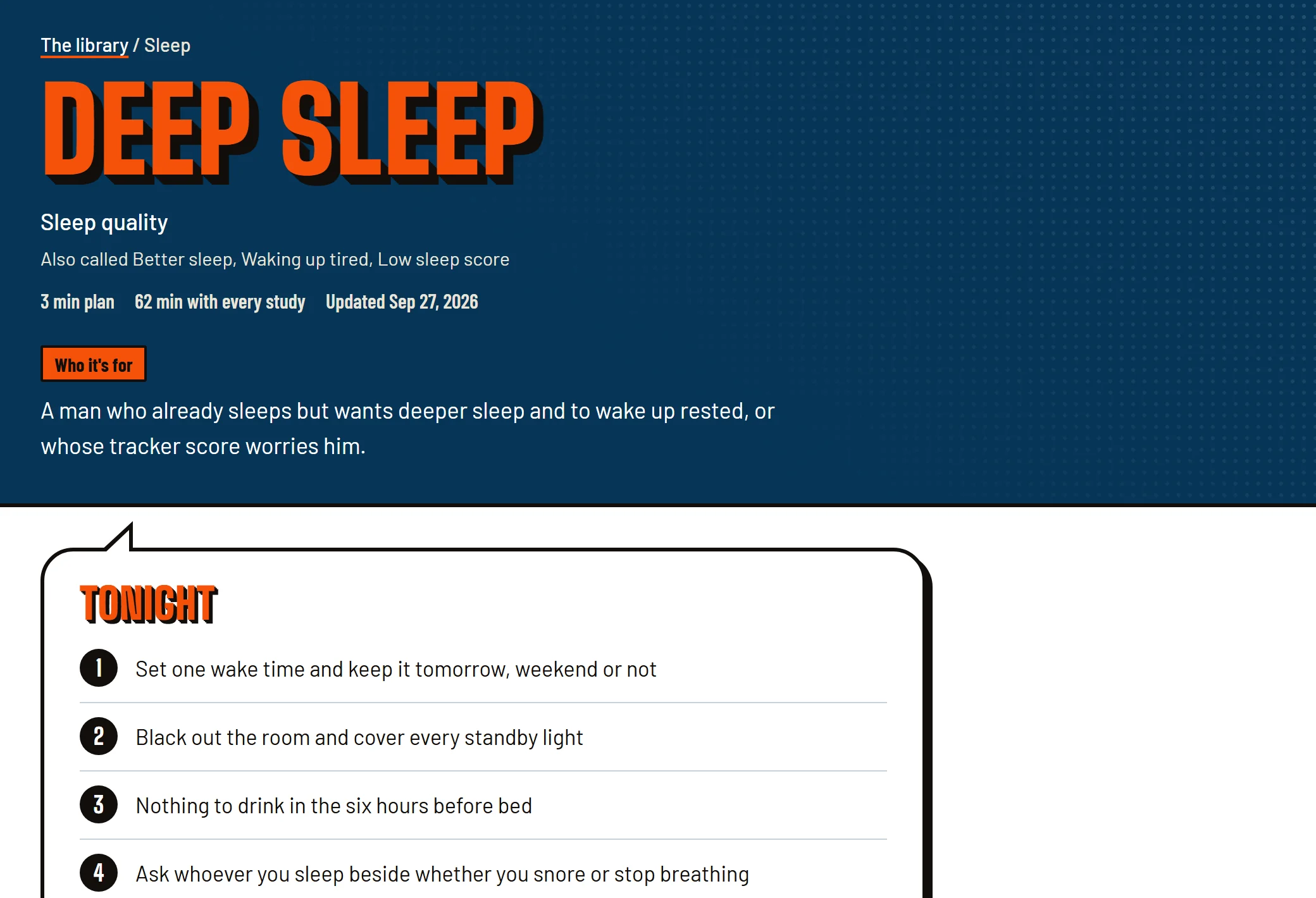 A protocol page: Deep sleep, the plan and the Tonight card