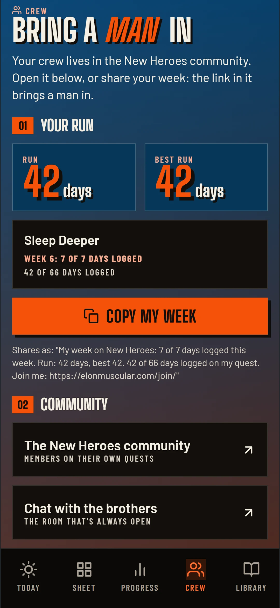 The New Heroes app, Crew: a five-day friend streak, who logged today, and the room