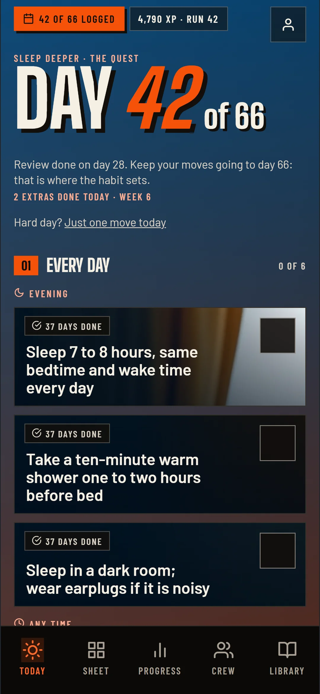 The New Heroes app, Today: day 42 of 66 on the Deeper Sleep quest, the moves and the gates